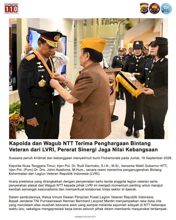Terima Bintang Kehormatan LVRI, Kapolda NTT: Ini Amanah untuk Terus Memupuk Nasionalisme dan Persaudaraan